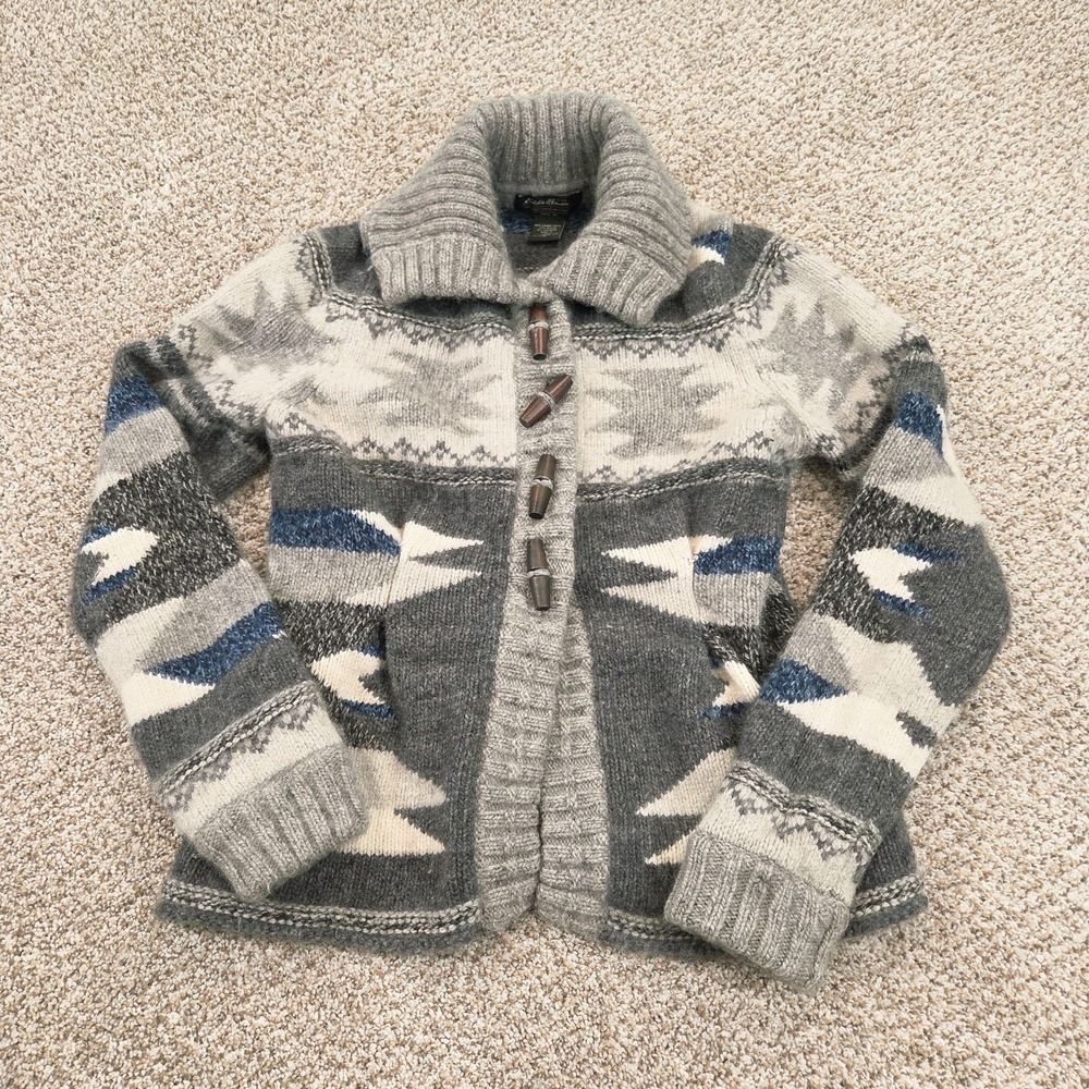 Eddie Bauer Womens M Cardigan Toggle Lambs Wool Cashmere Knit Sweater Aztec Grey